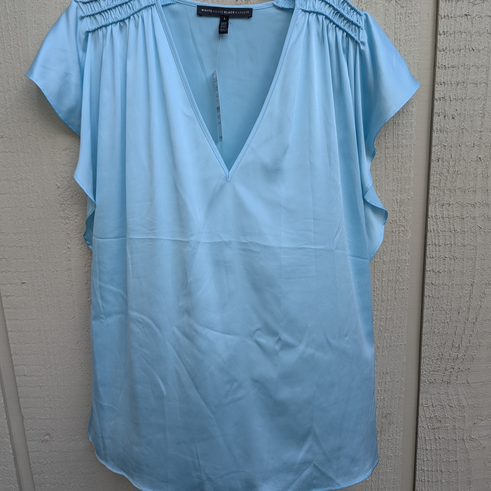 White House Black Market Blue Pleated Relaxed Blouse